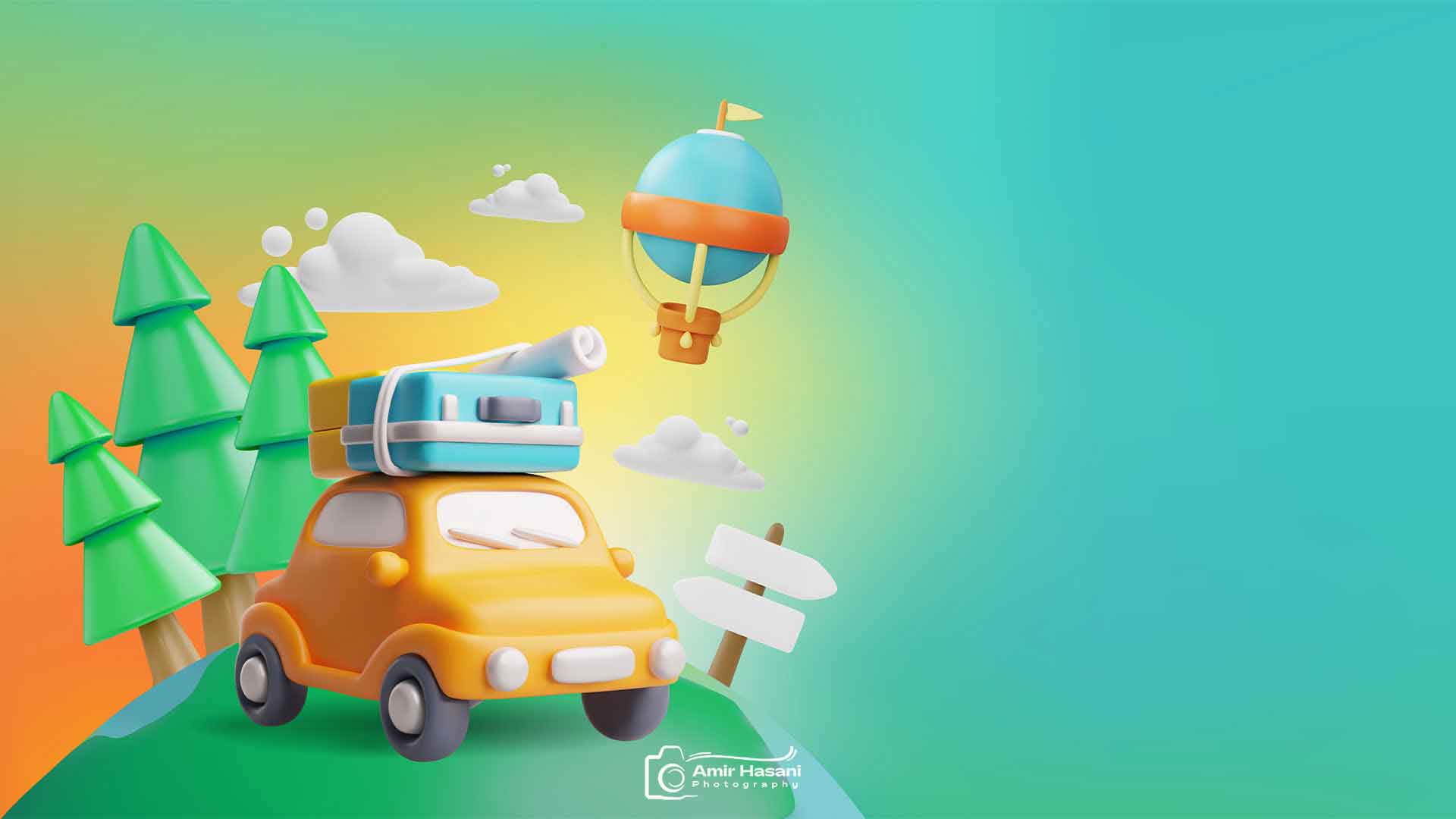 دانلود بنر سه‌بعدی سفر تابستانی با خودرو ، طراحی حرفه‌ای