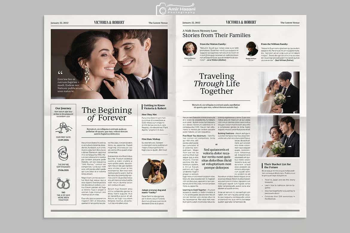 دانلود قالب روزنامه عروسی، فایلهای لایهباز InDesign و Canva