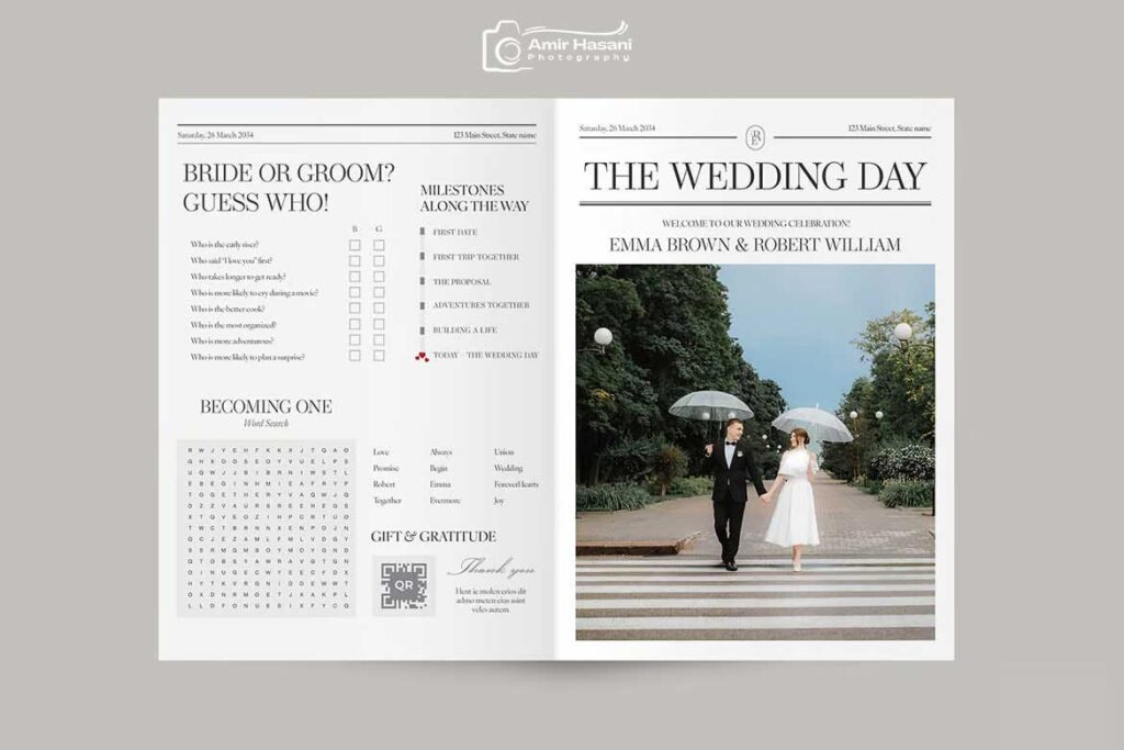 دانلود قالب برنامه روز عروسی با تم کلاسیک روزنامه، InDesign و Canva