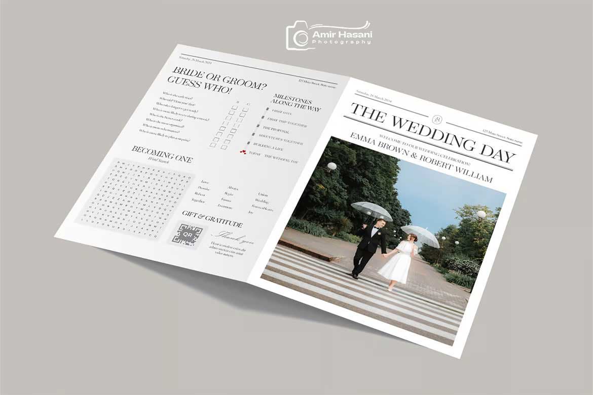 دانلود قالب برنامه روز عروسی با تم کلاسیک روزنامه، InDesign و Canva