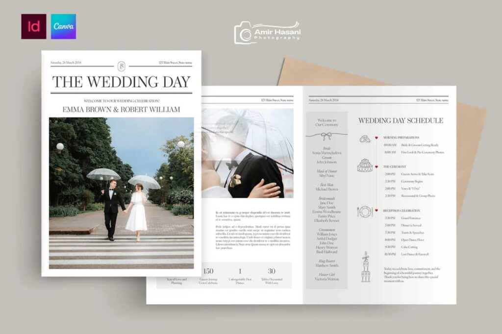 دانلود قالب برنامه روز عروسی با تم کلاسیک روزنامه، InDesign و Canva