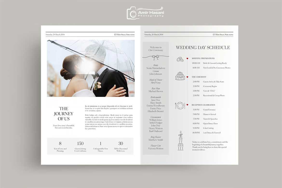 دانلود قالب برنامه روز عروسی با تم کلاسیک روزنامه، InDesign و Canva