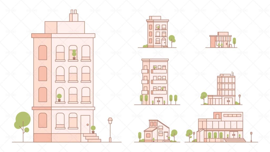 دانلود مجموعه وکتور 7 ساختمان مدرن، آیکون‌های معماری مینیمال​